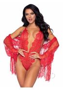 Floral Lace Teddy Thong Robe Tie Lg Red