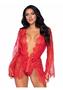 Floral Lace Teddy Thong Robe Tie Md Red